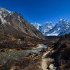 View of Snowy Peaks and stream during the Kanchenjunga Trek